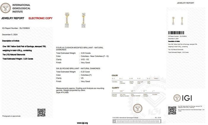 Exquisite 3.25ct Diamonds Drop Earrings in 18k Yellow Gold - IGI Certified