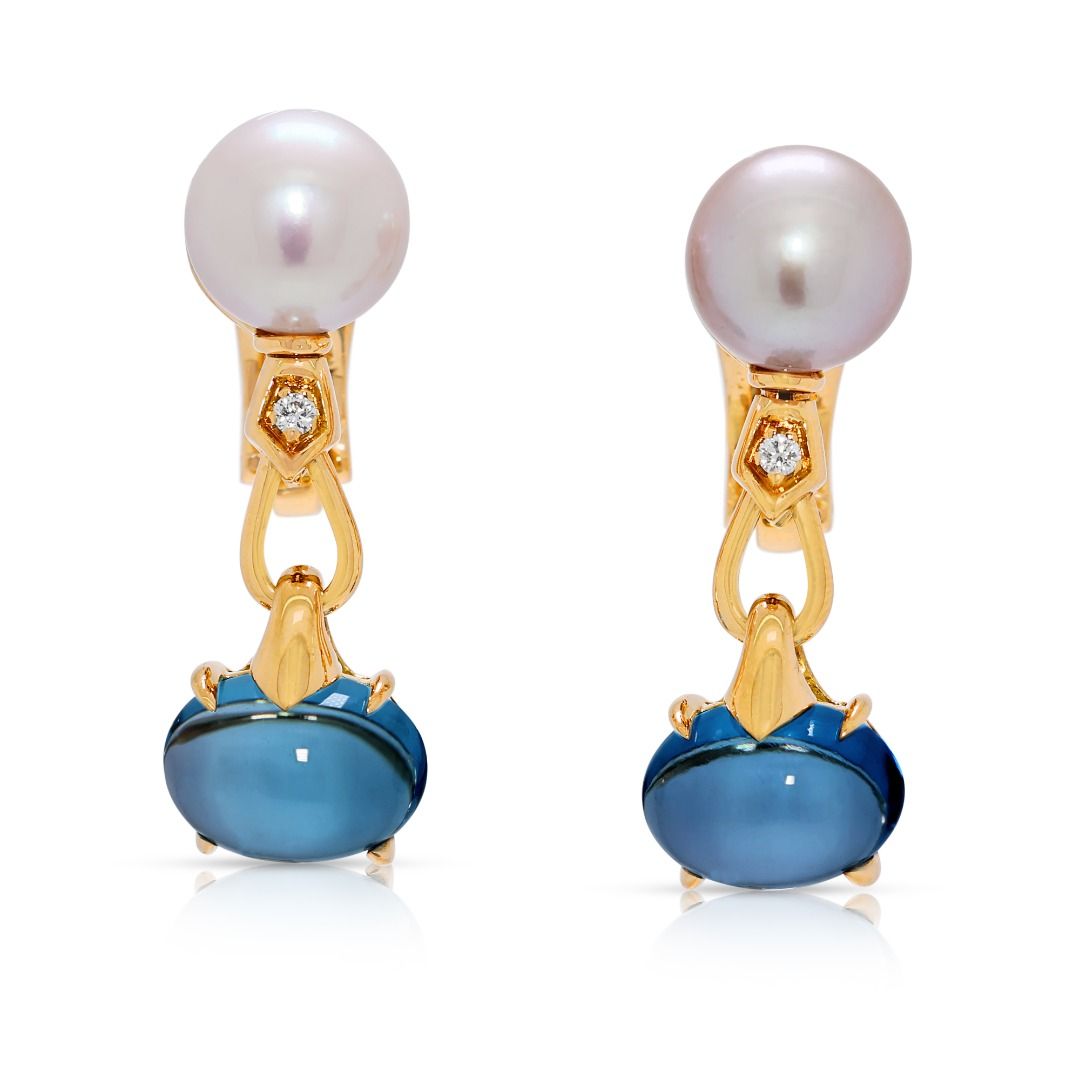 Exquisite 5.02ct Bvlgari Blue Topaz, Pearl, and Diamond 18k Gold Signature Drop Earrings (New-unworn)