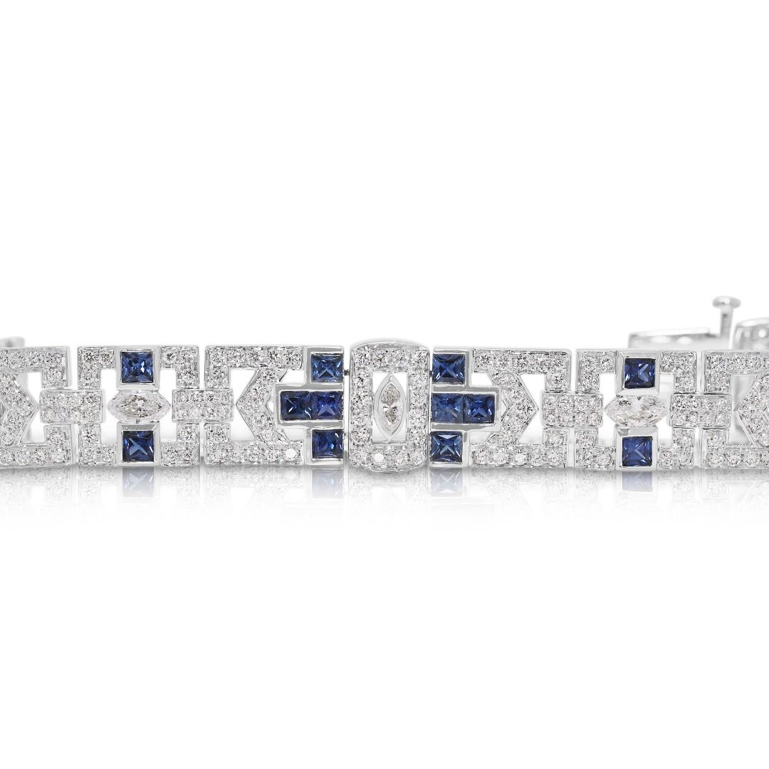 Exquisite 8.74ct Sapphire and Diamond Art Deco Link Bracelet in 18k White Gold