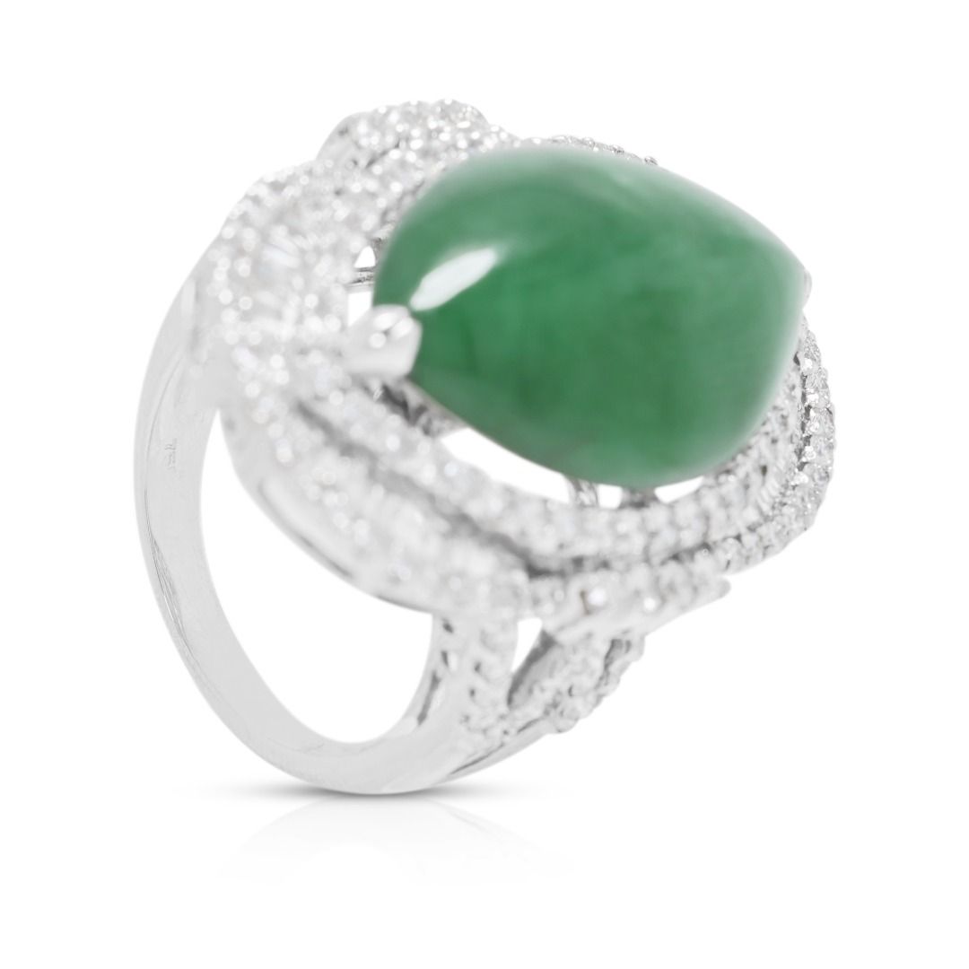 Exquisite Fei Cui Jadeite & 1.37ct Double Halo Pavé Ring in 18K White Gold - NGI & HKJS Certified