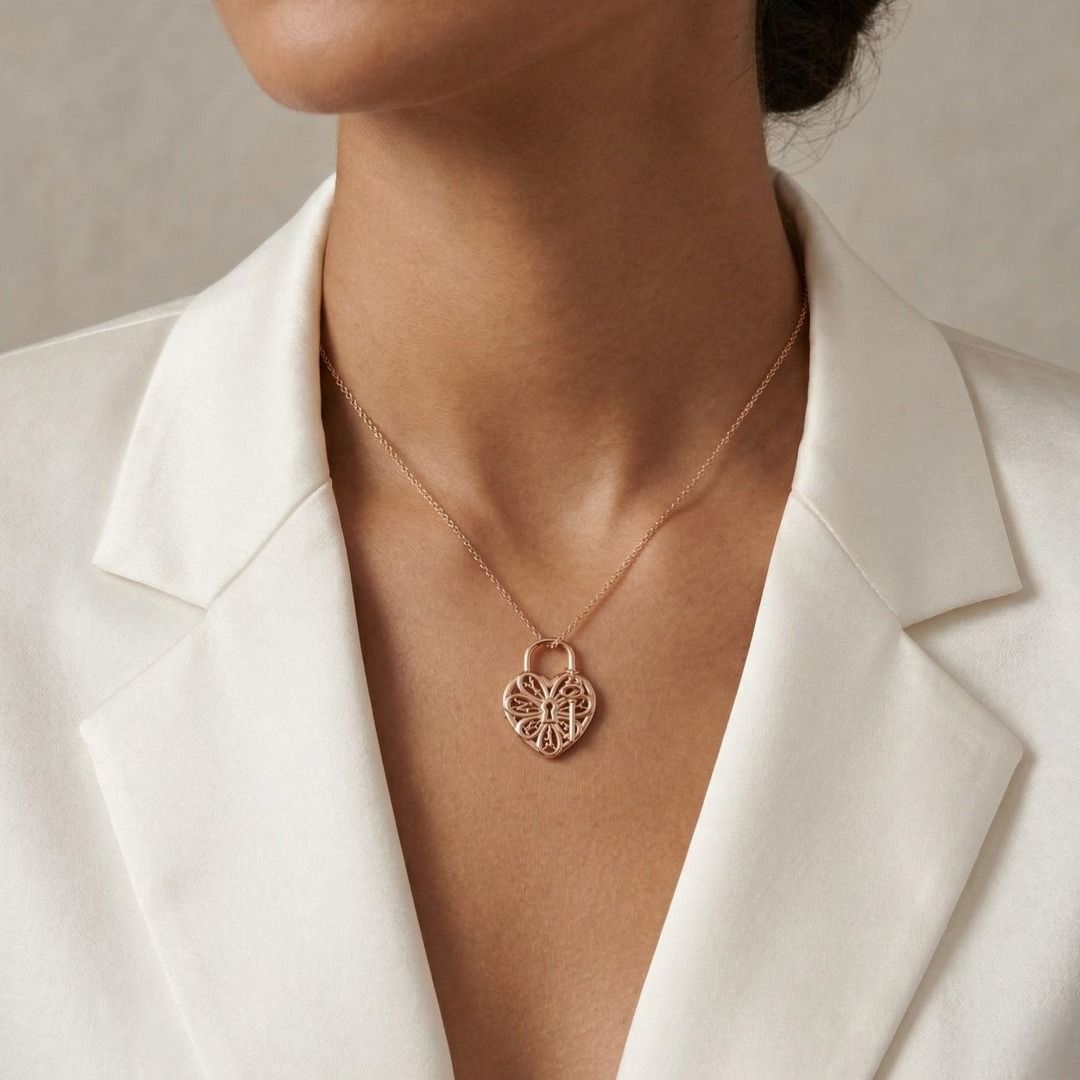 Exquisite Filigree Heart & Key Pendant Necklace in 18K Yellow Gold by Tiffany & Co.