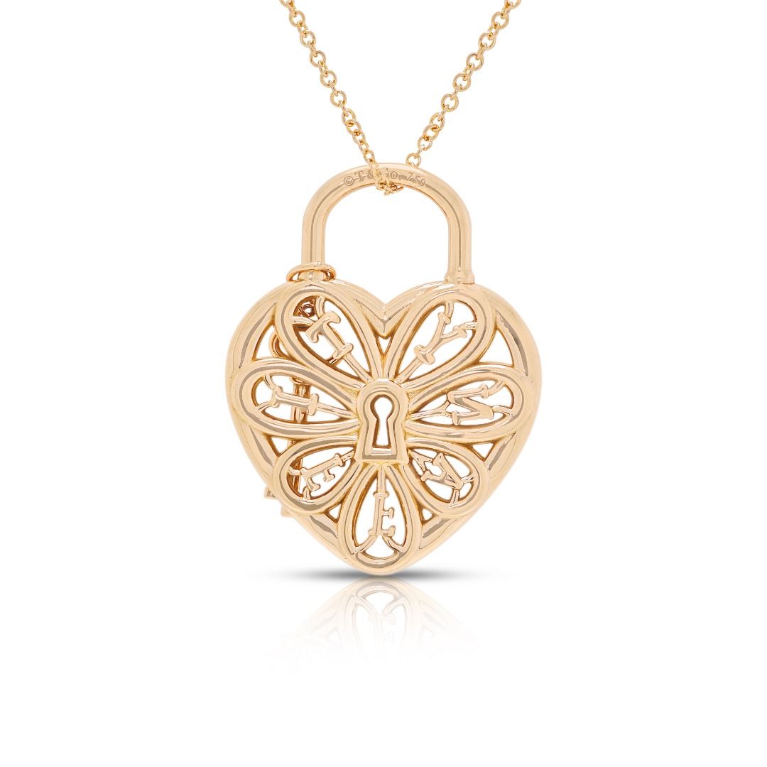 Exquisite Filigree Heart & Key Pendant Necklace in 18K Yellow Gold by Tiffany & Co.