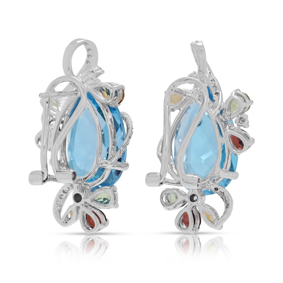 Exuberant 17.33ct Diamond & Multi-Gem Earrings with Blue Topaz in 18K White Gold