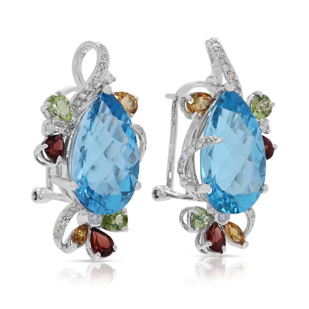 Exuberant 17.33ct Diamond & Multi-Gem Earrings with Blue Topaz in 18K White Gold