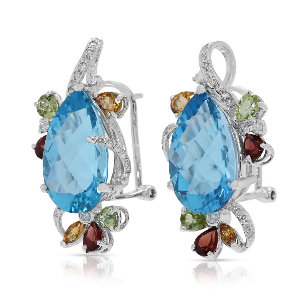 Exuberant 17.33ct Diamond & Multi-Gem Earrings with Blue Topaz in 18K White Gold