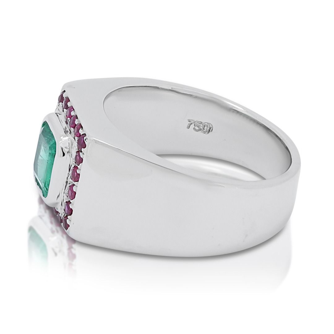 Fabulous 1 carat and 5 points Emerald and Rubies Dome Seal Ring in 18K White Gold