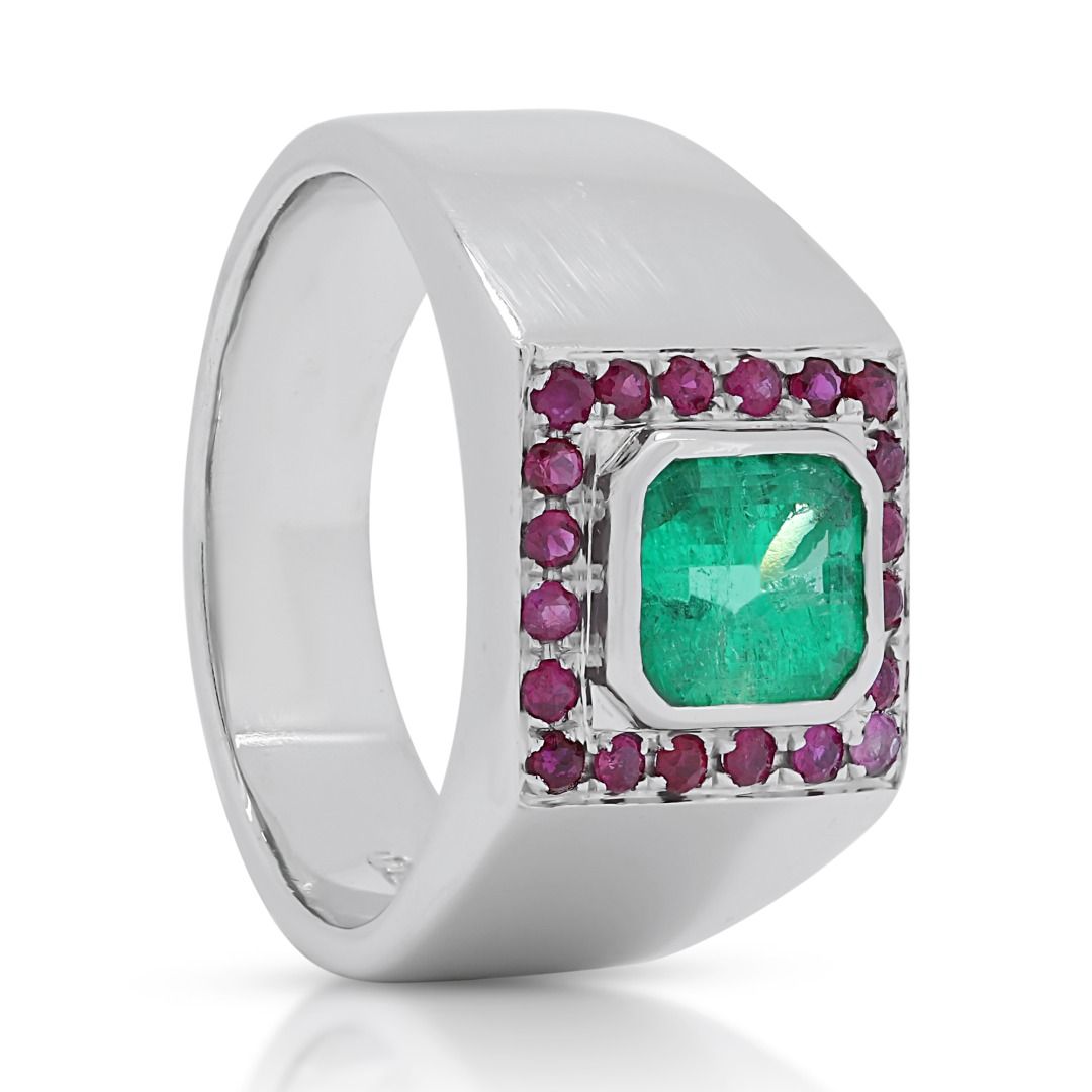 Fabulous 1 carat and 5 points Emerald and Rubies Dome Seal Ring in 18K White Gold