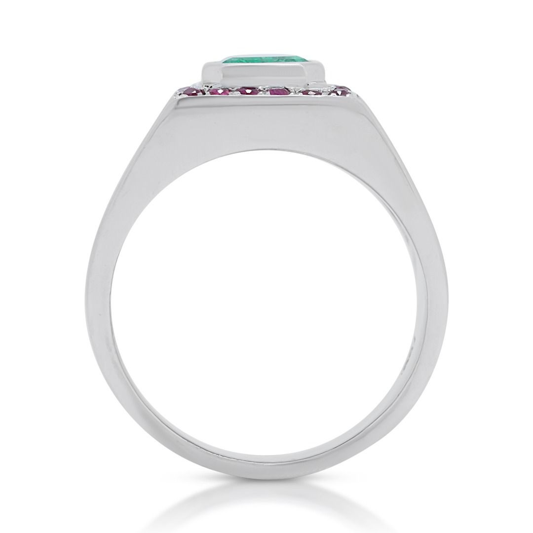 Fabulous 1 carat and 5 points Emerald and Rubies Dome Seal Ring in 18K White Gold