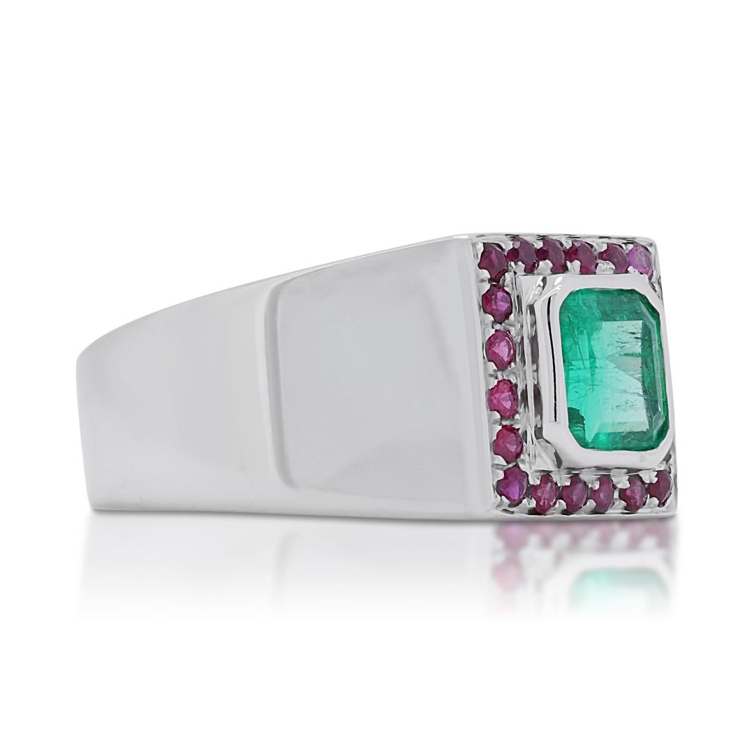 Fabulous 1 carat and 5 points Emerald and Rubies Dome Seal Ring in 18K White Gold