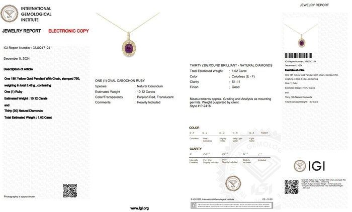 Fascinating 11.14ct Ruby and Diamonds Necklace with Pendant in 18k Yellow Gold - IGI Certified