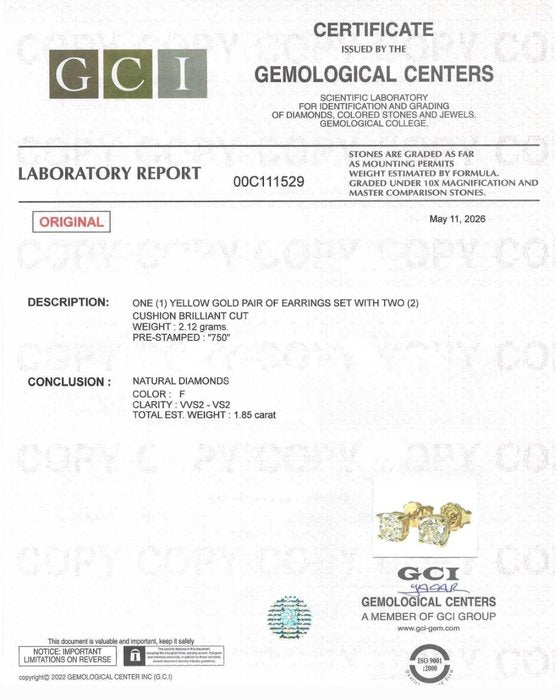 1.85 Carats GCI Certified Natural Diamond 18K Yellow Gold Stud Earrings