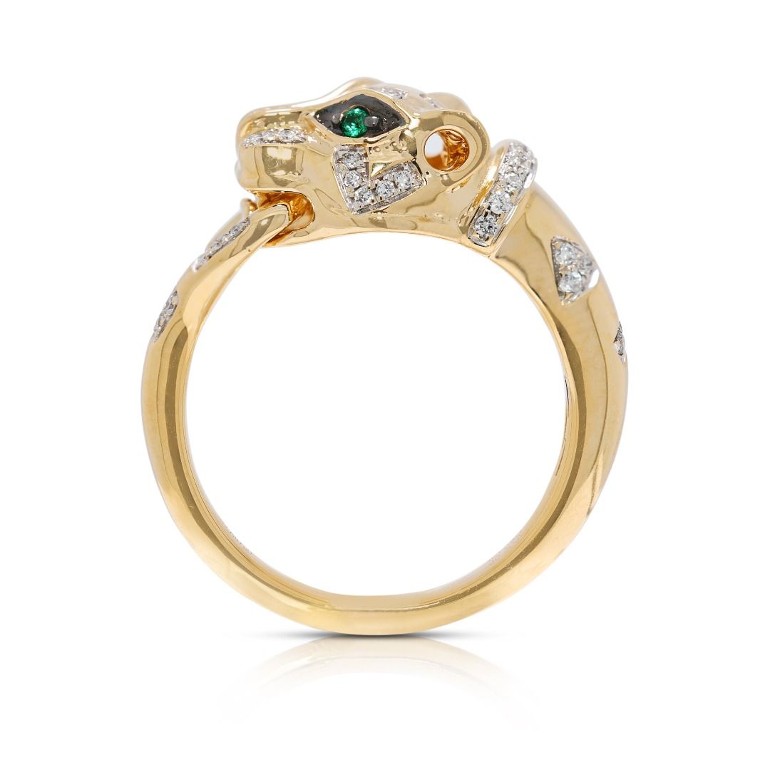 Fierce 0.22ct Emerald & Natural Diamond Panther Ring in 18K Yellow Gold