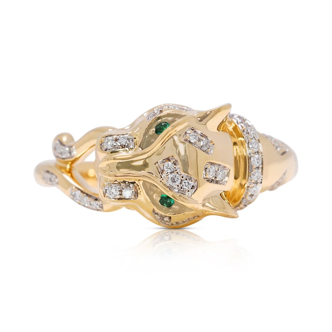 Fierce 0.22ct Emerald & Natural Diamond Panther Ring in 18K Yellow Gold