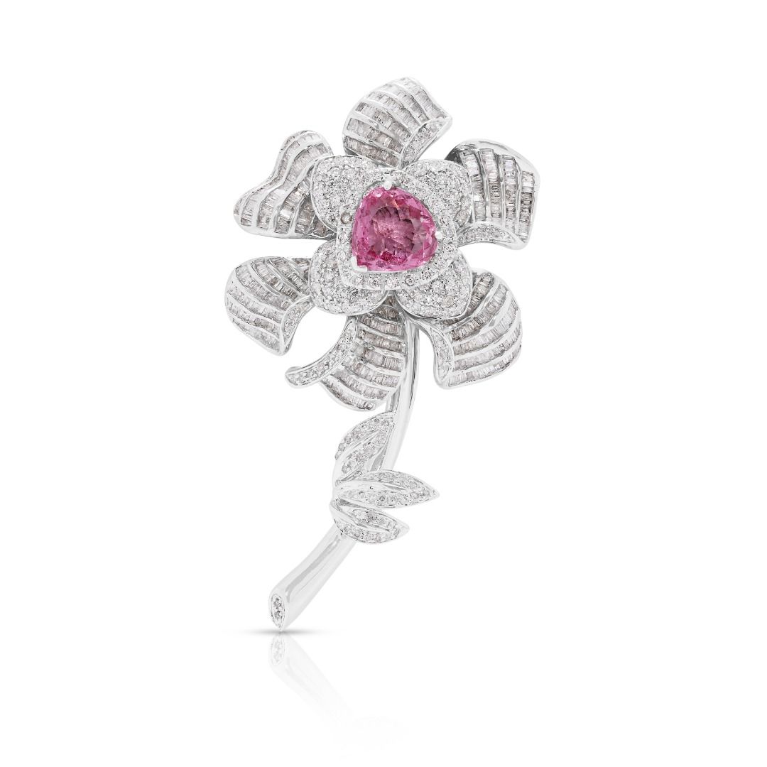 Floral 6.87ct Tourmaline & Natural Diamond Brooch in 18K White Gold