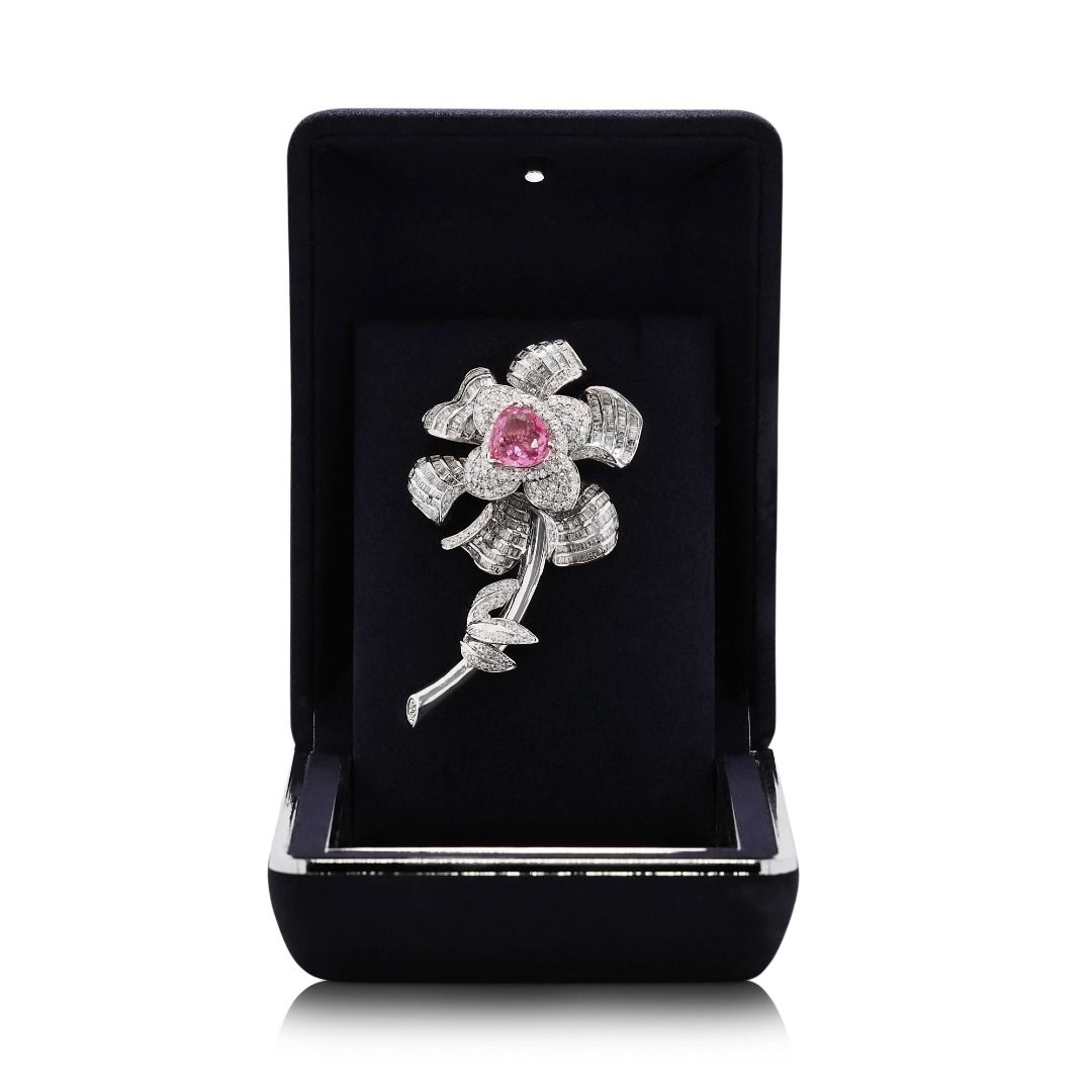 Floral 6.87ct Tourmaline & Natural Diamond Brooch in 18K White Gold