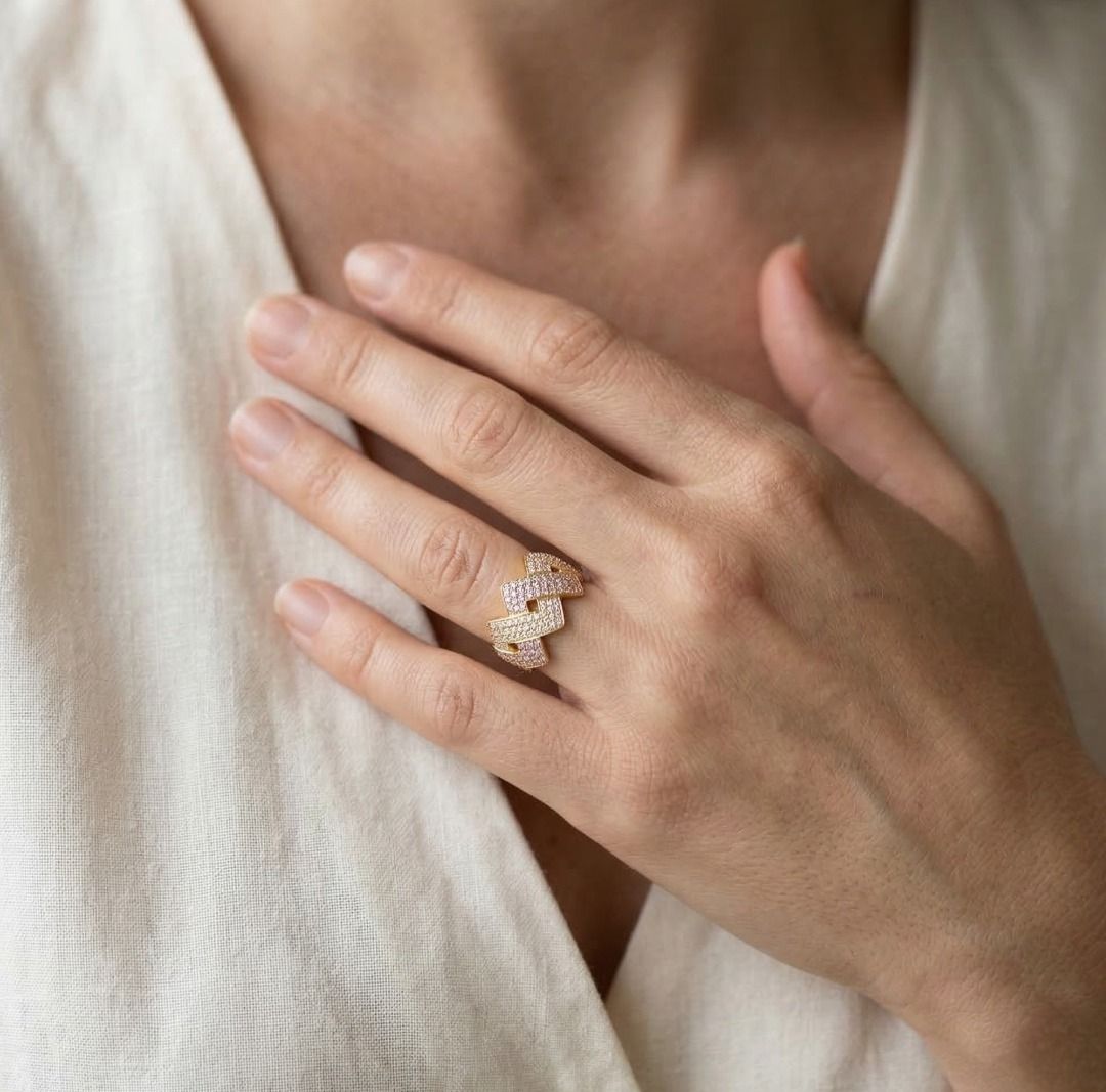 Geometric 1.32ct Natural Diamond Zig-Zag Statement Ring in 18K Two-Toned Gold