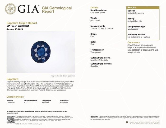 GIA Certified 6.07ct Oval Sapphire Gemstone