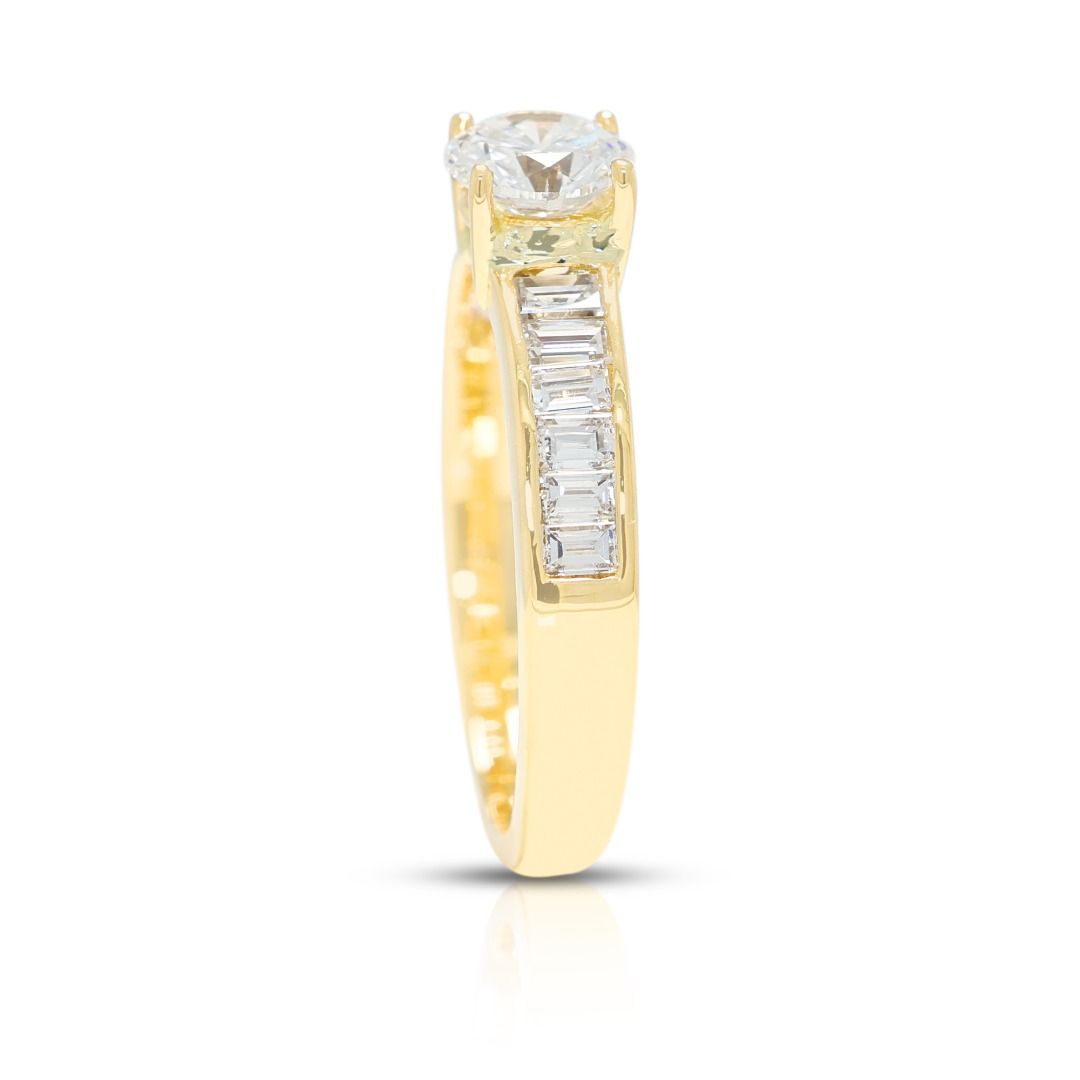 Gilded 0.81ct Natural Diamond Round Brilliant and Tapered Pave Ring in 18K Yellow Gold