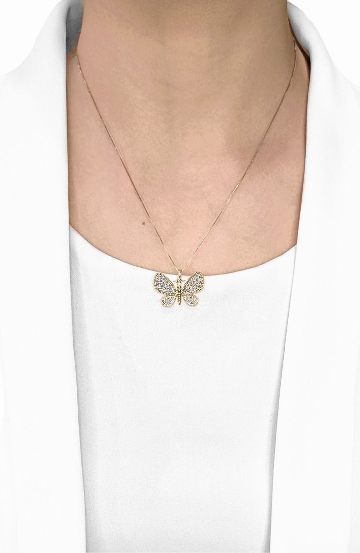 Glamorous 0.30ct Natural Diamond Butterfly 14K Yellow Gold Pendant (Unworn)