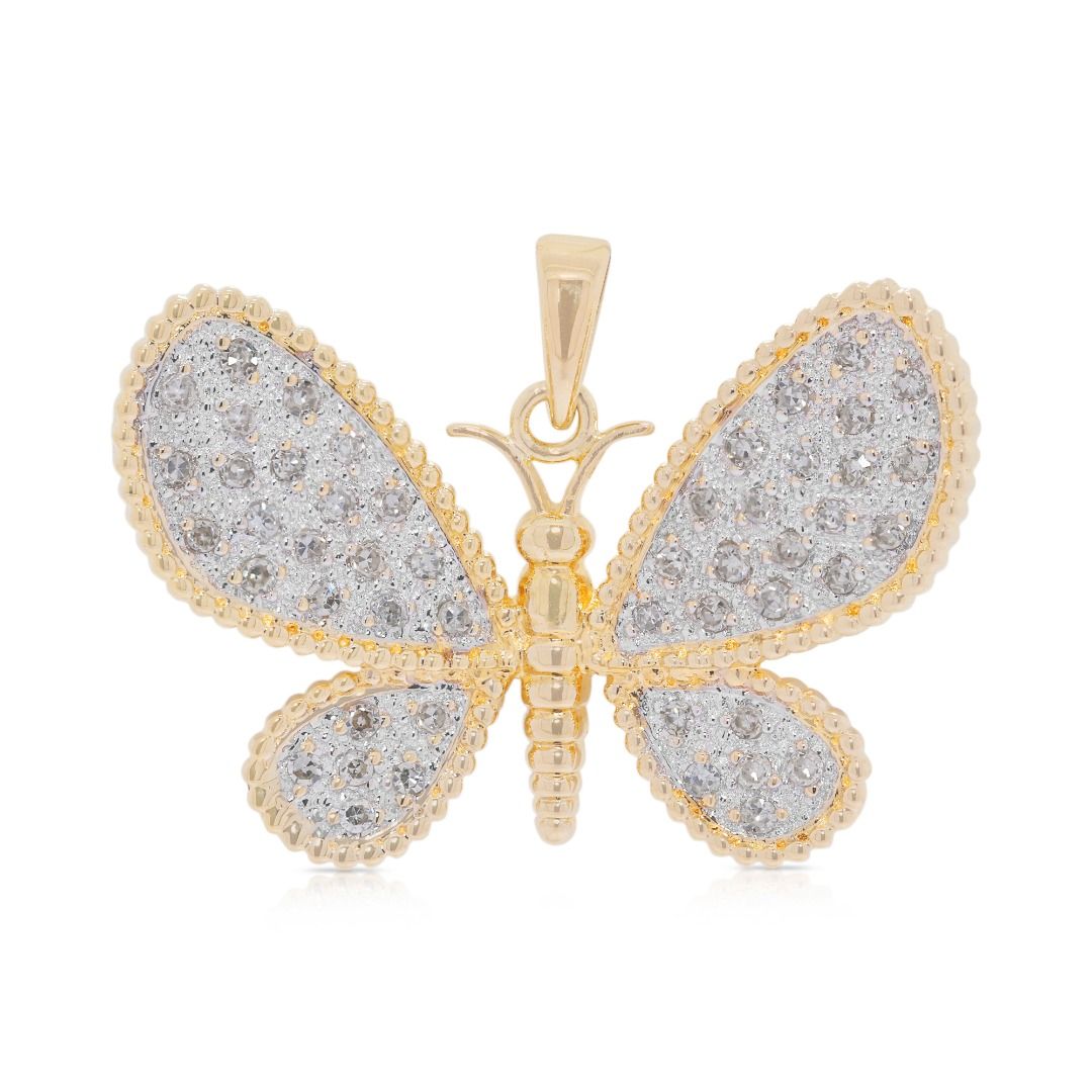 Glamorous 0.30ct Natural Diamond Butterfly 14K Yellow Gold Pendant (Unworn)
