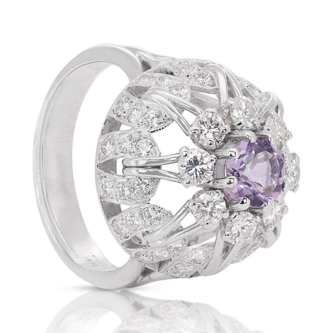 Glamorous Half carat Amethyst Ring with Natural Diamond in 14K White Gold - NGI Certified