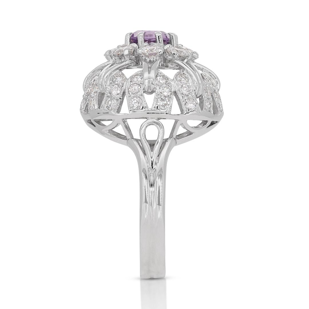 Glamorous Half carat Amethyst Ring with Natural Diamond in 14K White Gold - NGI Certified