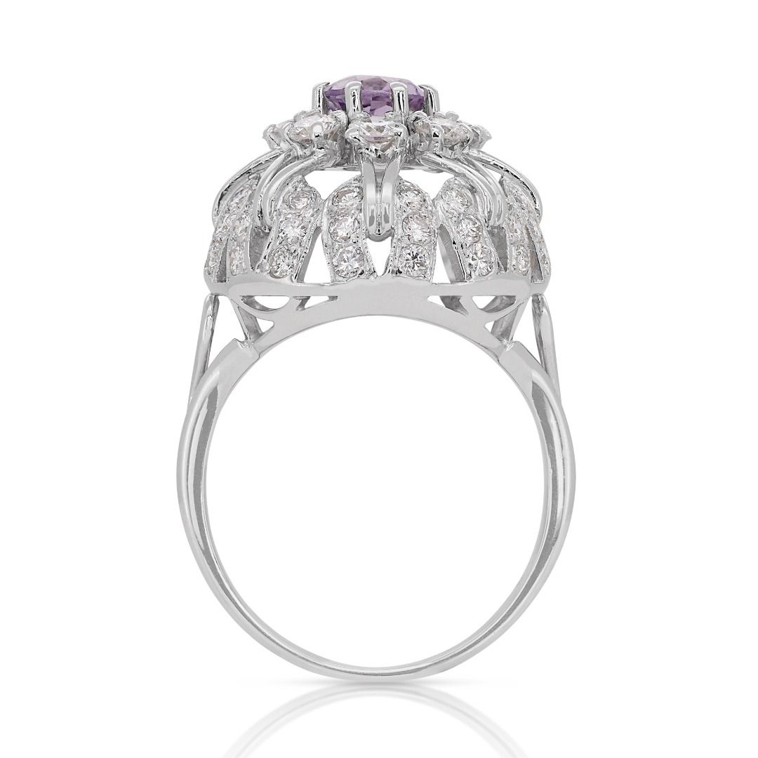 Glamorous Half carat Amethyst Ring with Natural Diamond in 14K White Gold - NGI Certified