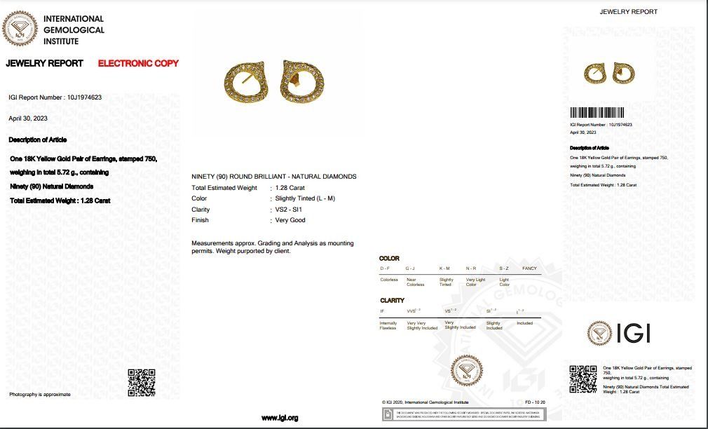 Gorgeous 1.28ct. Round Brilliant Hoop Diamond Earrings - IGI Certificate