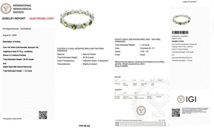 Glamorous 27.42ct Peridots and Diamonds Bracelet in 14k White Gold - IGI Certified