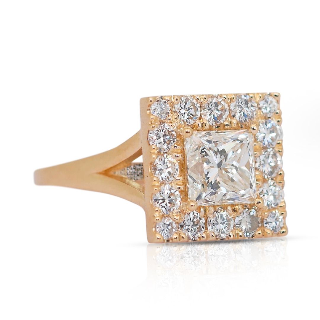 Glamorous 2 carat 28 points Natural Diamond Halo Ring in 18K Yellow Gold with IGI