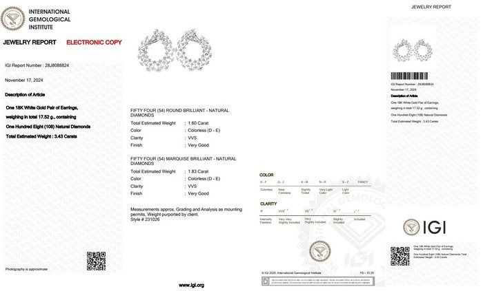Glamorous 3.43ct Diamonds Earrings in 18k White Gold - IGI Certified