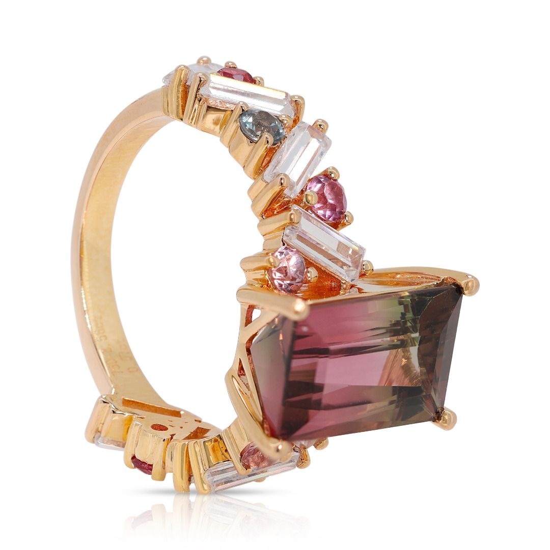 Stylish Multicolor 4.13ct Tourmaline Cluster Ring in 18k Rose Gold - GCI Certified