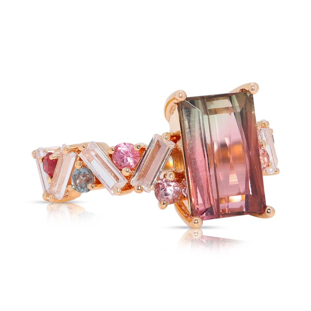 Stylish Multicolor 4.13ct Tourmaline Cluster Ring in 18k Rose Gold - GCI Certified