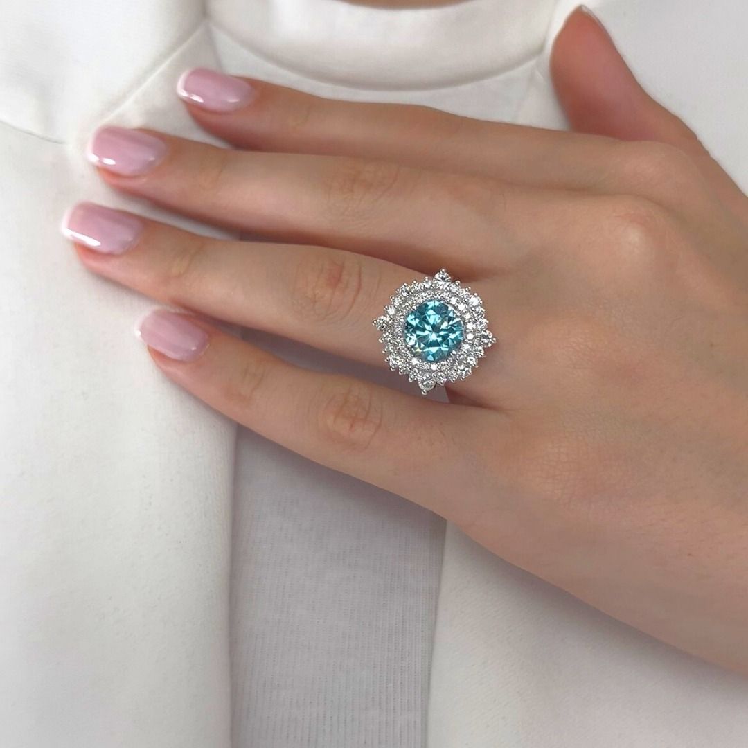 Glamorous 5.03ct Zircon and Diamonds Double Halo Cocktail Ring in 18k White Gold - IGI Certified