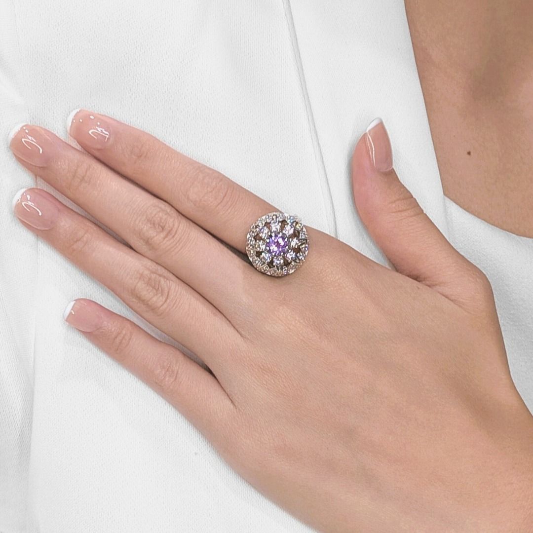 Glamorous Half carat Amethyst Ring with Natural Diamond in 14K White Gold - NGI Certified