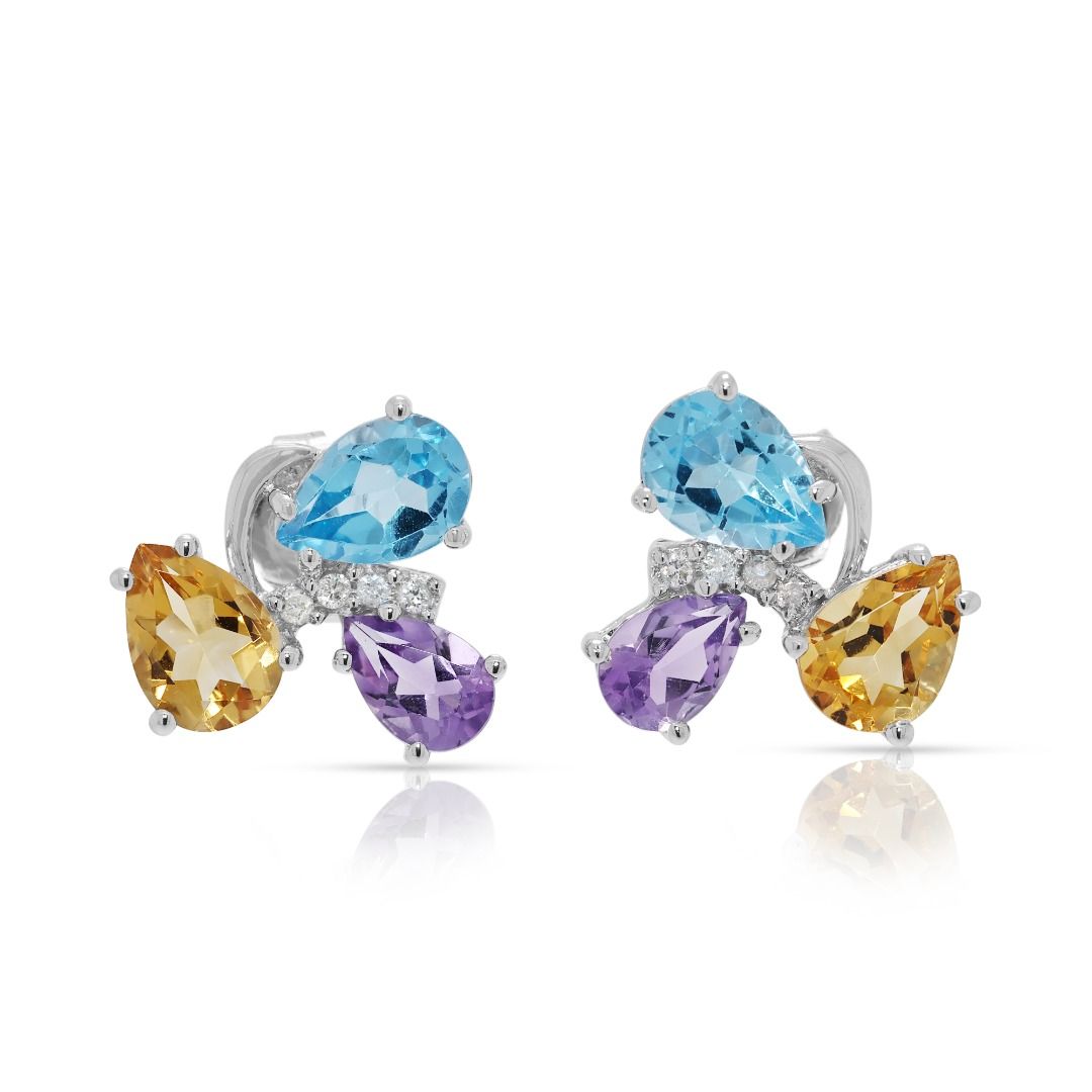 Gleaming 4.06ct Multi-Gemstone & Natural Diamond Stud Earrings in 18K White Gold