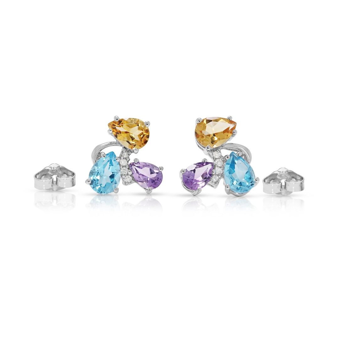 Gleaming 4.06ct Multi-Gemstone & Natural Diamond Stud Earrings in 18K White Gold