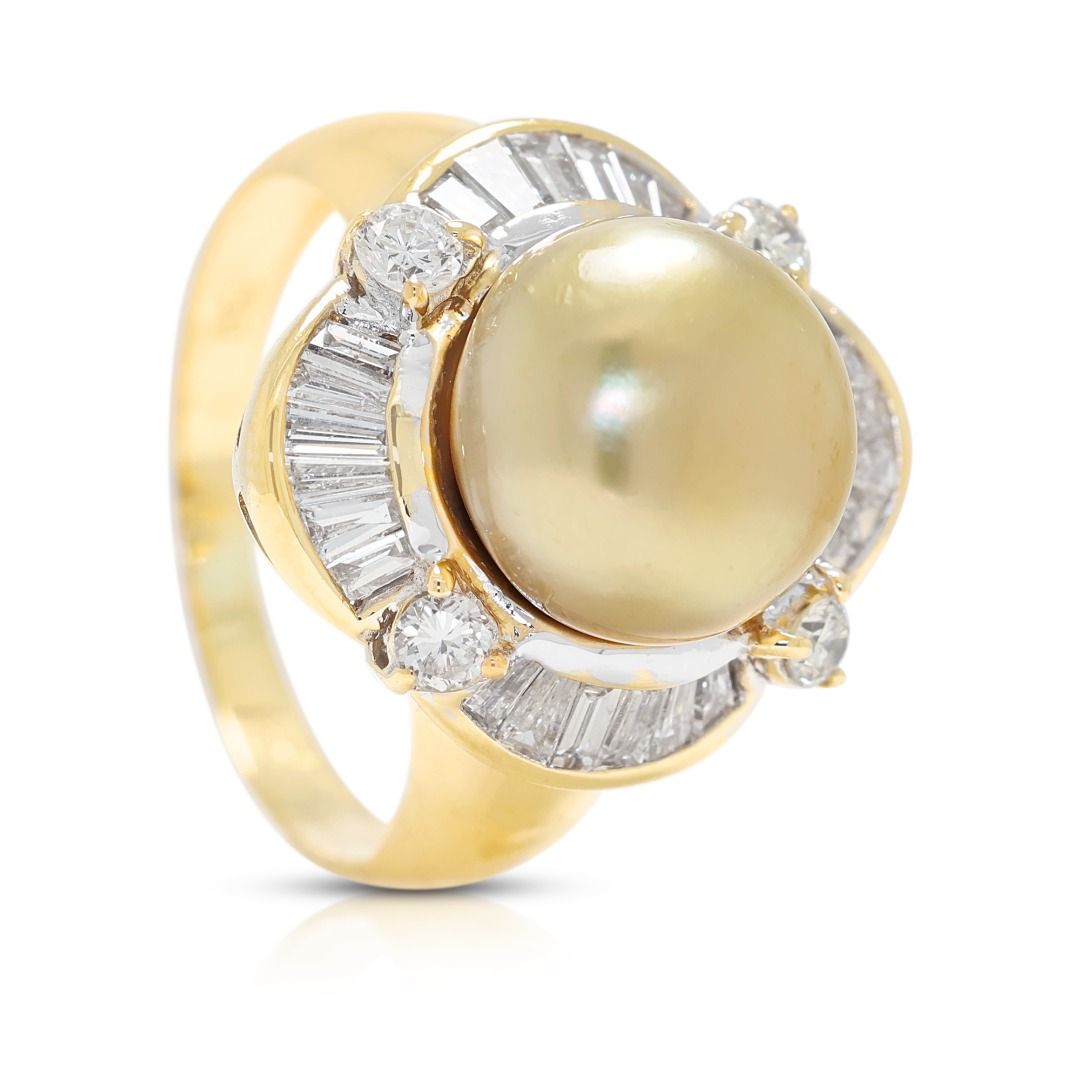 Glowing 0.60ct Natural Diamond and Golden South Sea Pearl Ring in 18K Yellow Gold
