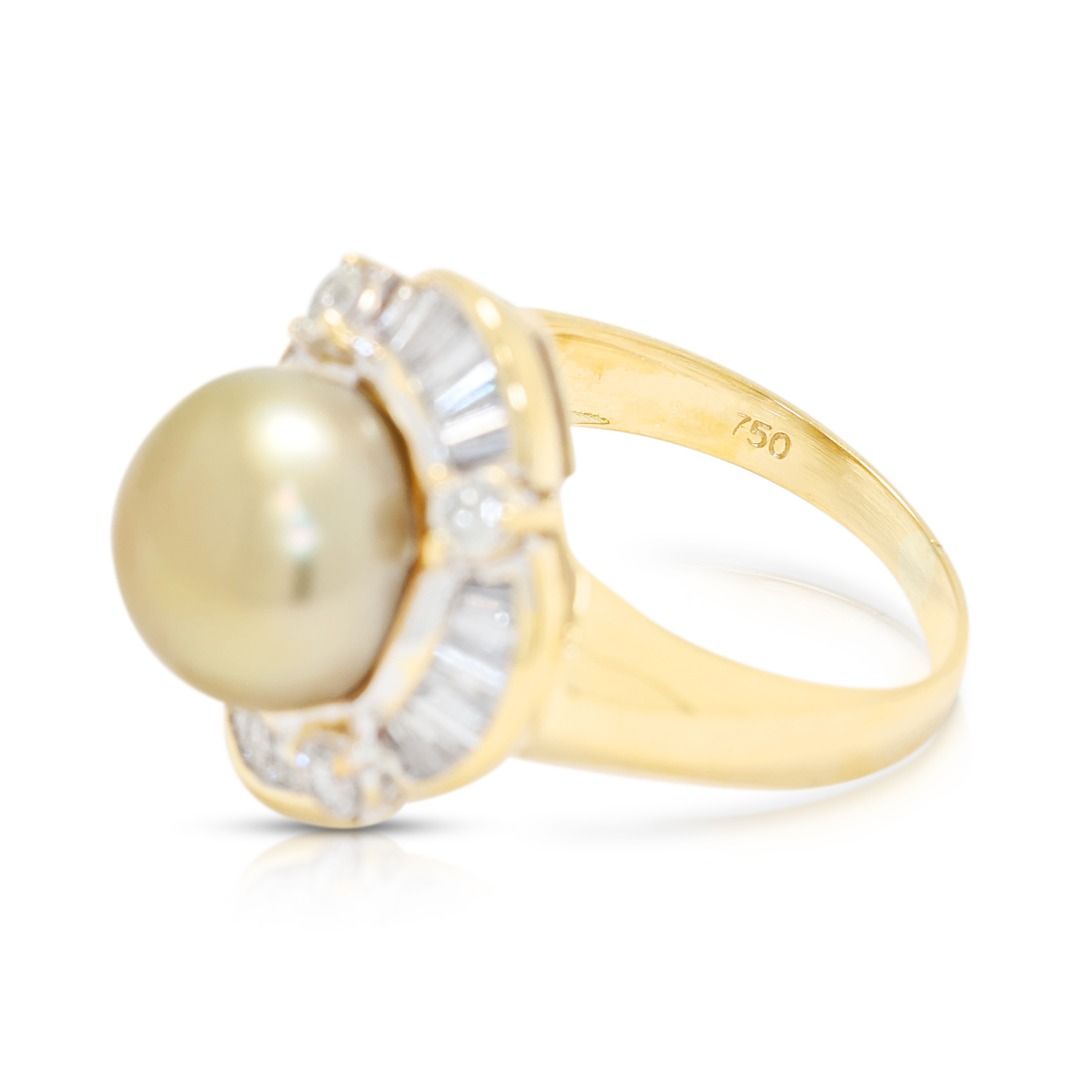 Glowing 0.60ct Natural Diamond and Golden South Sea Pearl Ring in 18K Yellow Gold
