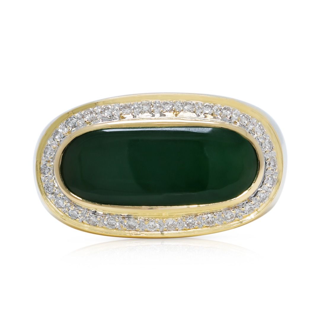 Glowing 4.21ct Jade & Diamond Halo Ring in 18K Yellow Gold (New-Unworn)