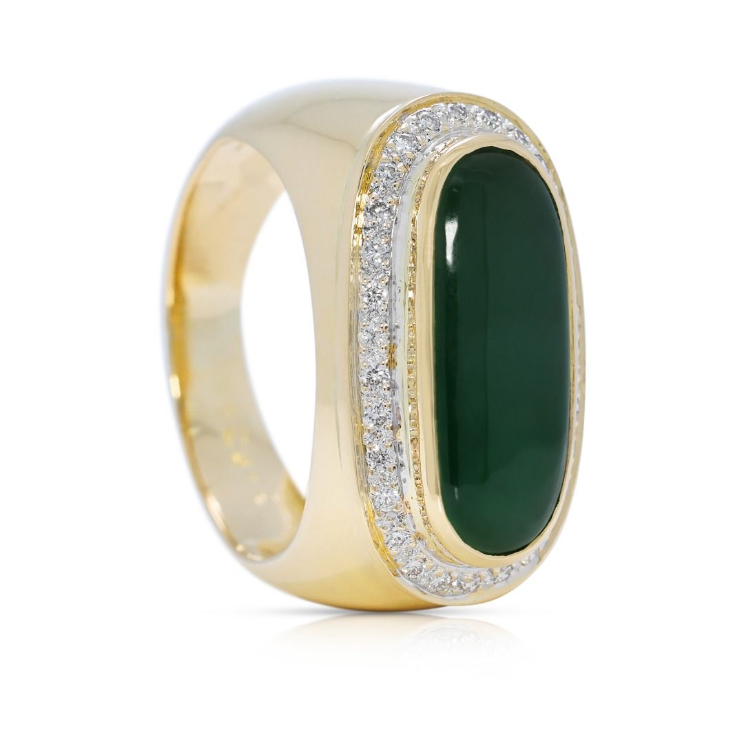 Glowing 4.21ct Jade & Diamond Halo Ring in 18K Yellow Gold (New-Unworn)