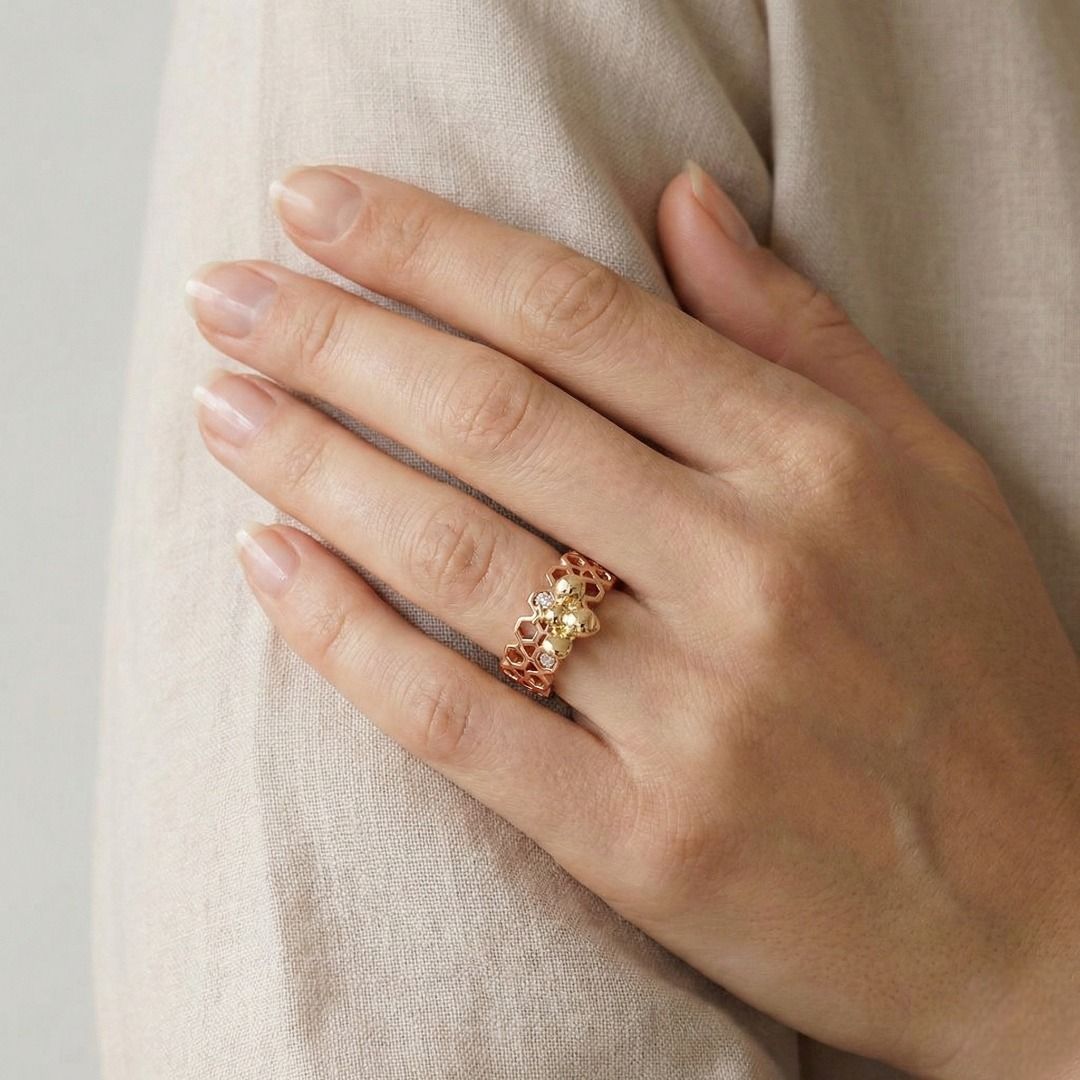 Gold Heart 0.12ct Natural Diamond Triple Stone Ring in 14K Rose Gold