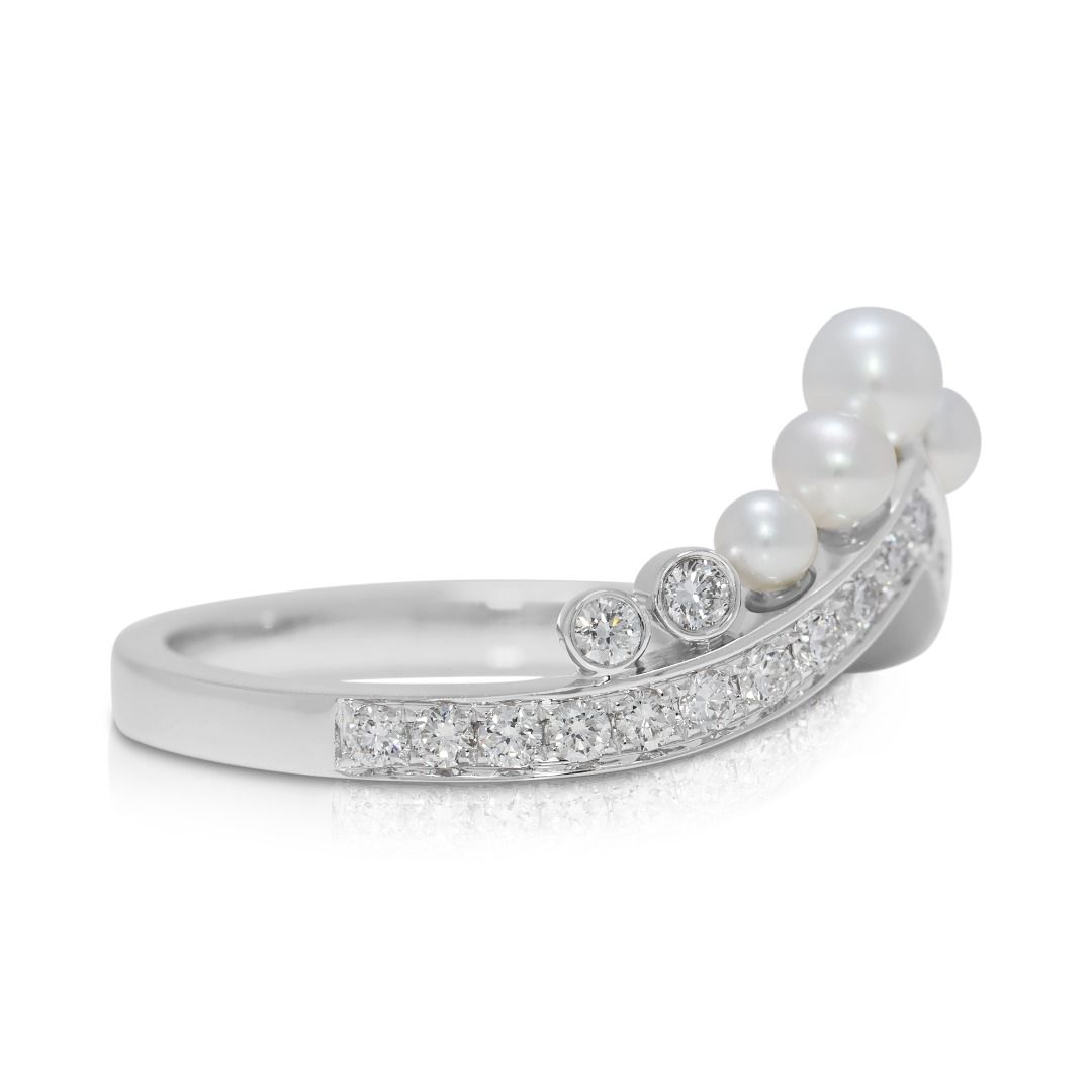 Graceful 0.88ct Natural Diamond & Pearl Chevron 18K White Gold Ring - (Unworn)
