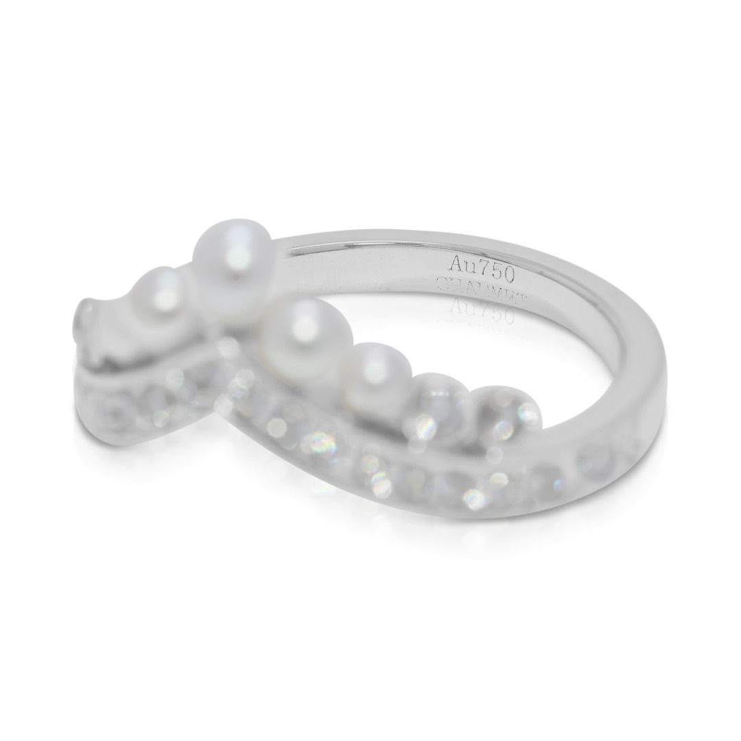 Graceful 0.88ct Natural Diamond & Pearl Chevron 18K White Gold Ring - (Unworn)
