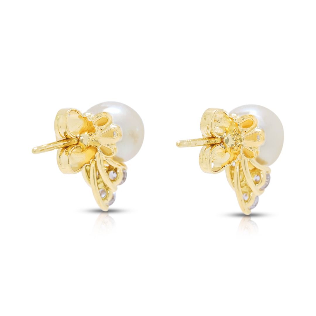 Graceful Akoya Pearl & Diamond Stud Earrings in 18K Yellow Gold