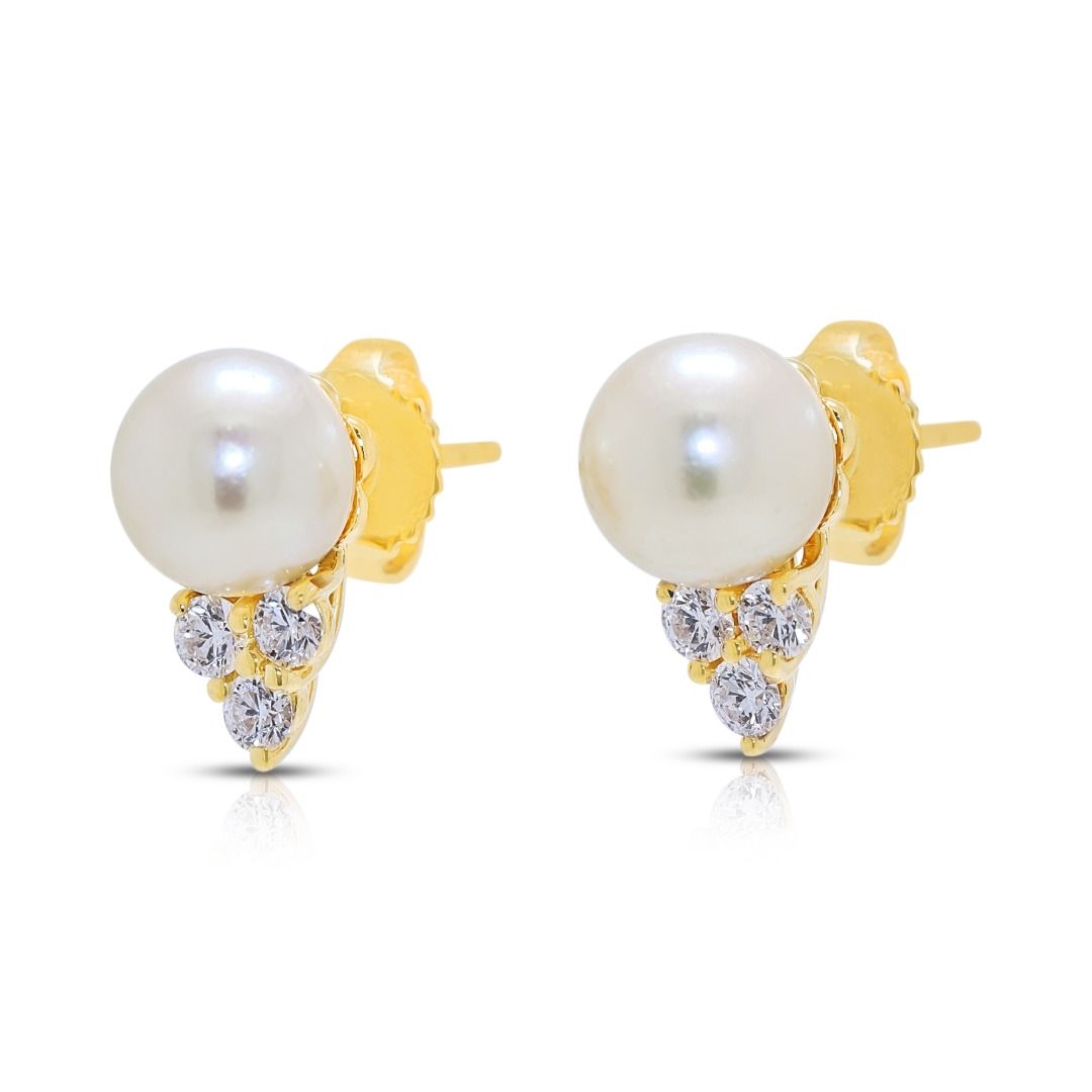 Graceful Akoya Pearl & Diamond Stud Earrings in 18K Yellow Gold