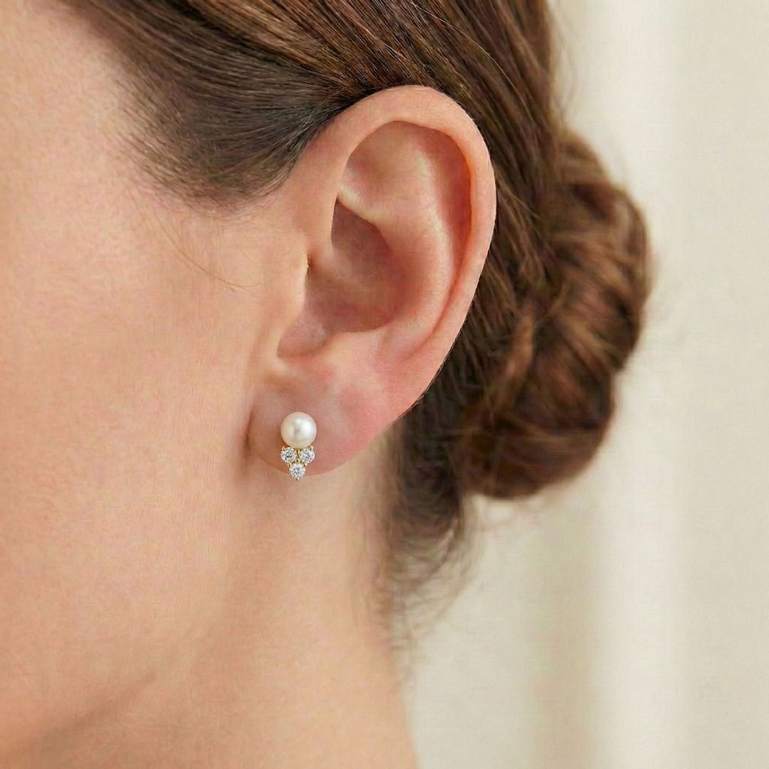 Graceful Akoya Pearl & Diamond Stud Earrings in 18K Yellow Gold