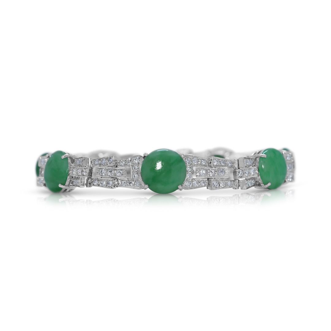 Graceful Jadeite & 1.69ct Diamond Bracelet in 14K White Gold - NGI Certified