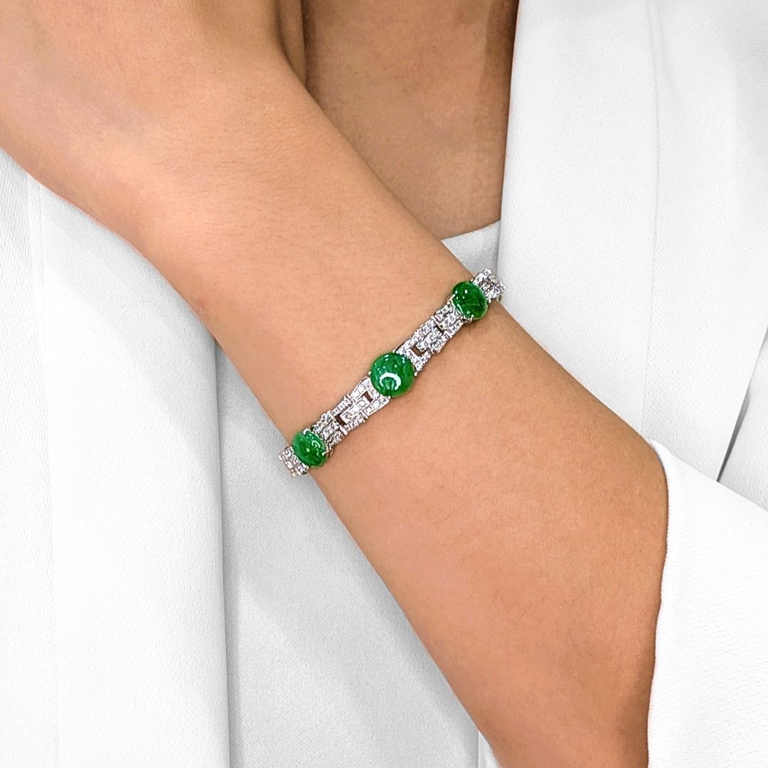 Graceful Jadeite & 1.69ct Diamond Bracelet in 14K White Gold - NGI Certified