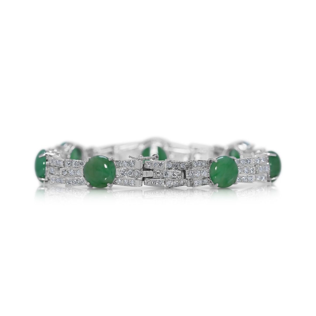 Graceful Jadeite & 1.69ct Diamond Bracelet in 14K White Gold - NGI Certified